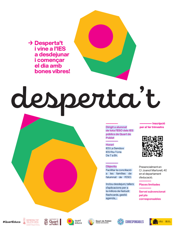 👉Aquest dilluns 2️⃣5️⃣ de setembre s'inicia el Desperta't en l'<a href="/iesriuturia/">IES Riu Túria</a>. 

⌚️Des de les 7h desdejuna amb nosaltres i comença l'IES amb bones vibres🥳

📋 Inscripcions per al primer trimestre:
forms.office.com/e/tgC6NdzSqS

#quarteduca #QuartdePoblet
<a href="/quartdepoblet/">Quart de Poblet</a>
#corresponsables