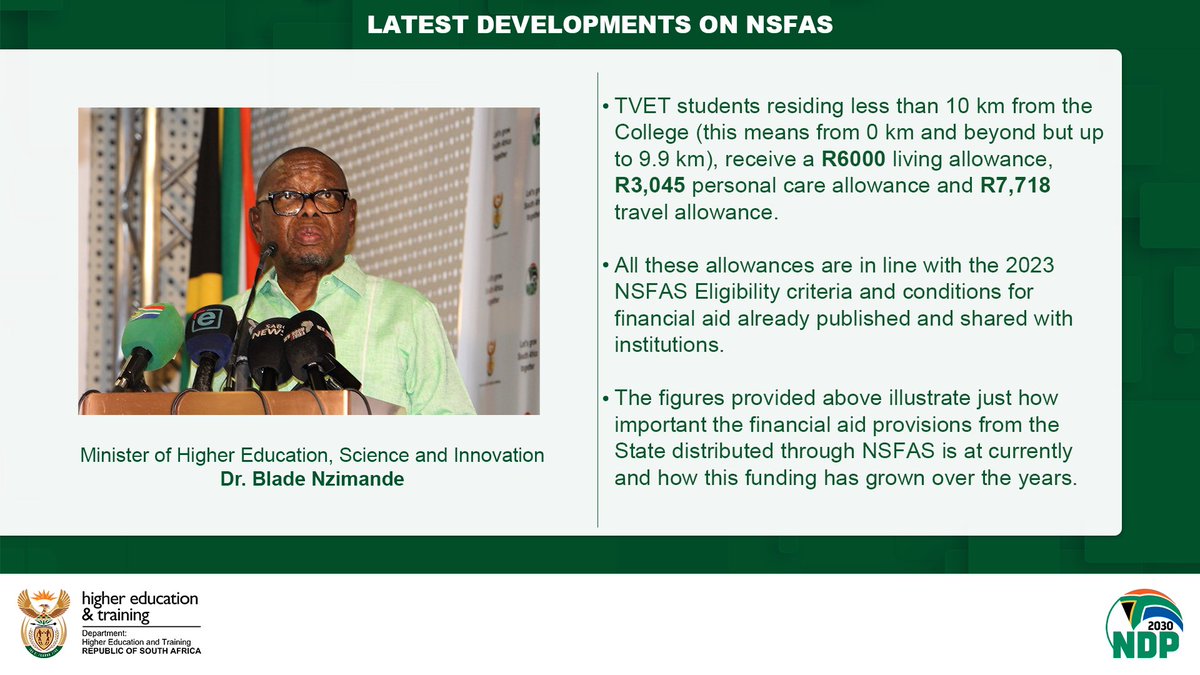 HigherEduGovZA's tweet photo. Minister @DrBladeNzimande on the latest developments at the National Student Financial Aid Scheme @myNSFAS
On TVET Student Allowances:
#NSFASupdate https://t.co/J61BR0p9bz
