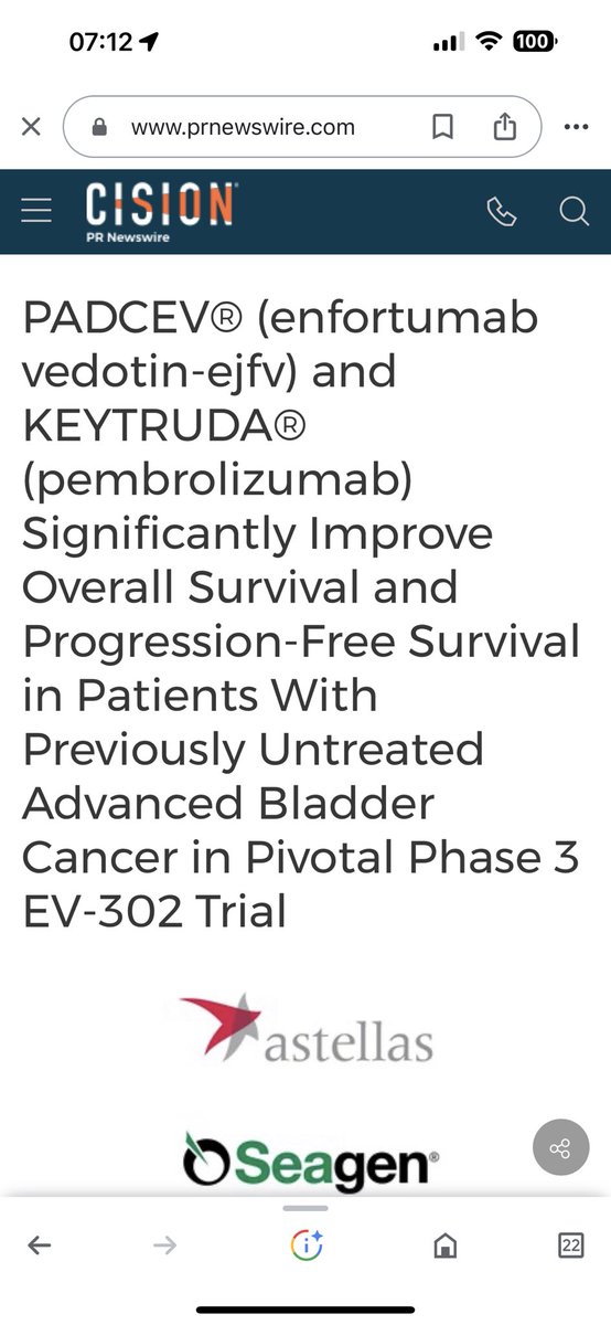 HUGE NEWS: EV/Pembro combo tops platinum-based chemo, a SOC for 30+years, in 1L bladder cancer: a new era ….PFS/OS met! prnewswire.com/news-releases/…