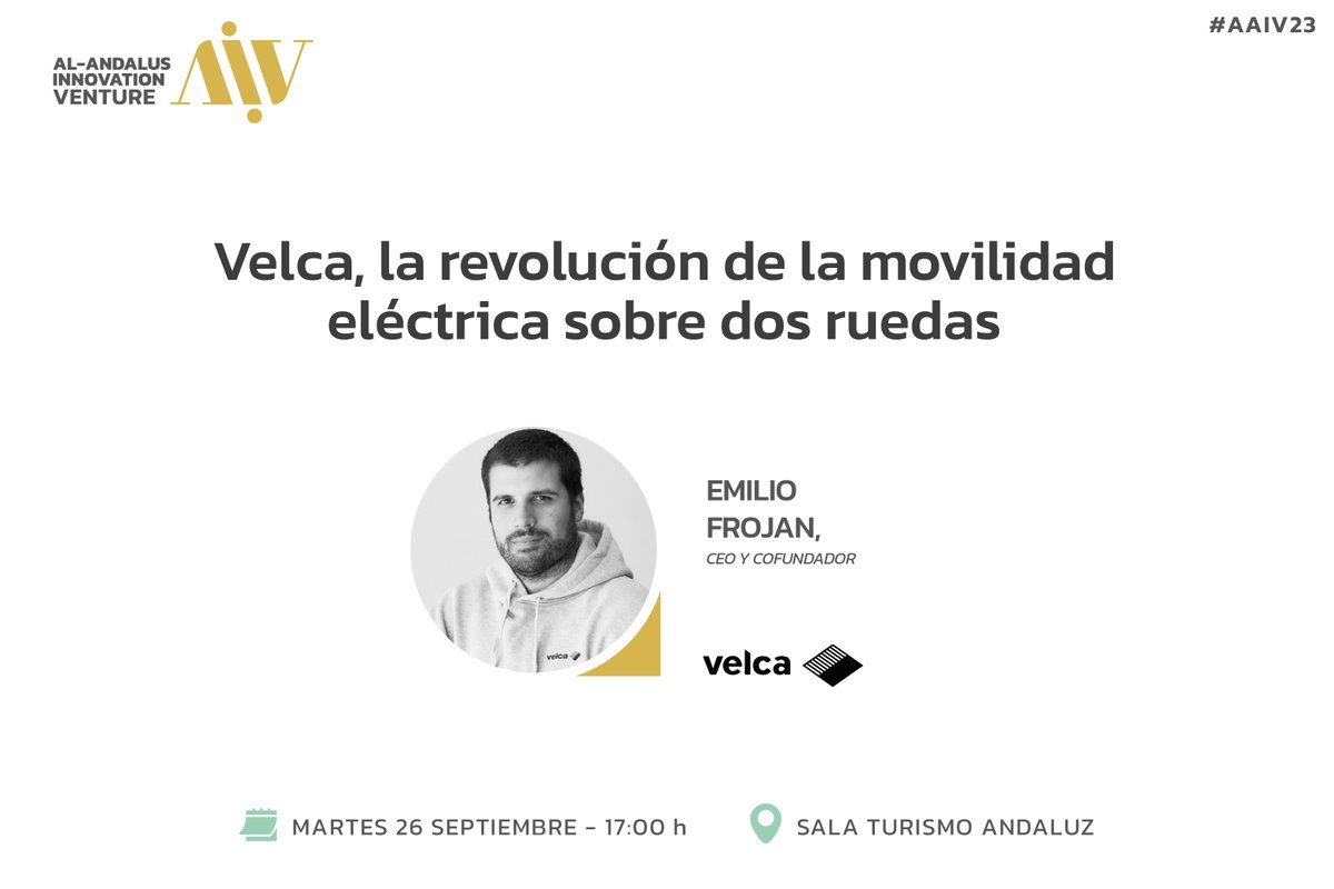 #AAIV23

🗓️26 de septiembre
🕔17.00h
📍Sala turismo Andaluz

🔊 @Velcamotor , la revolución de la #movilidad eléctrica sobre dos ruedas

🟡CEO y Cofundador, @emiliofrojan  

alandalusinnovation.com/sala-turismo-a…
