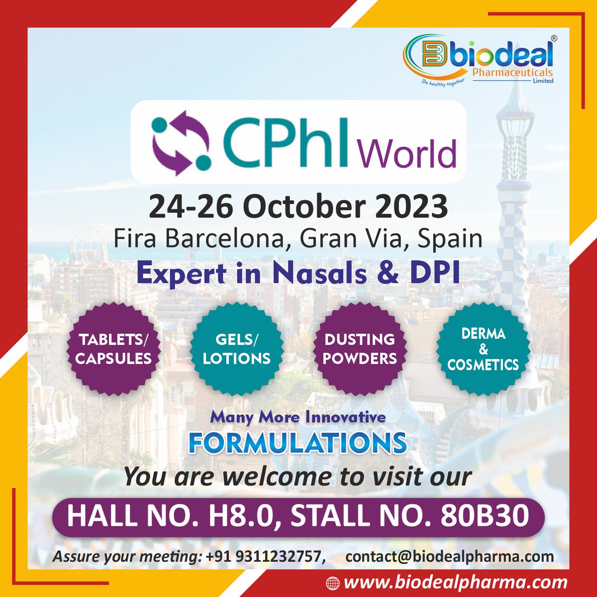 Biodeal Pharmaceuticals Limited is one of the verified and renowned manufactures will exhibit in Global Platform of CPHI World Wide which is going to held on 24-26 October 2023 Fira Barcelona, Gran Via, Spain. #cphi #cphiworldwide #cphibarcelona #PharmaExpo #exibition #export
