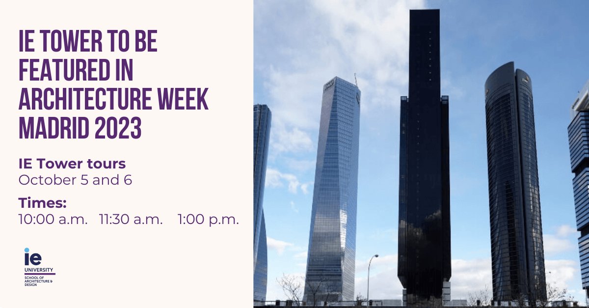 Exciting news! #IETower joins Madrid's architectural wonders at Madrid Architecture Week, being featured alongside Palacio Cibeles and Instituto Cervantes. Explore this innovative vertical campus on October 5-6. Learn more here: bit.ly/3EPBbRg
 #semanaarquitectura2023
