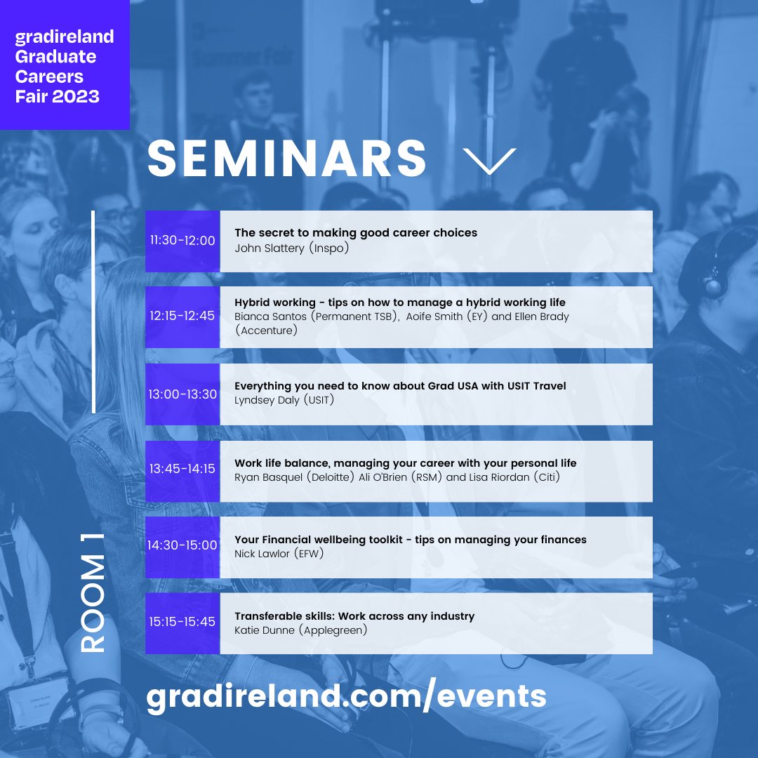 DCU_Careers's tweet photo. 📷 DCU students

Get your free tickets for the #gradfair23 taking place at the RDS in Dublin next week. Check out some of the seminars taking place.

Wednesday 27th of September. 
👉https://t.co/NqXjnS8400 https://t.co/ZDnN4Ae37E
