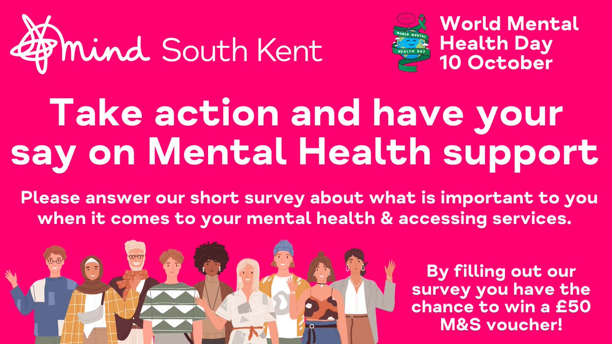 SouthKentMind's tweet photo. Answer our survey for World Mental Health Day!📢
For #WorldMentalHealthDay2023, we’d like you to tell us about what is important to you when it comes to mental health &amp; how to access support.  
👉Have your say at the link here: https://t.co/2m3wOV1UjN

#WMHD #Kent #TimeToAct https://t.co/ZUca6dBz4M
