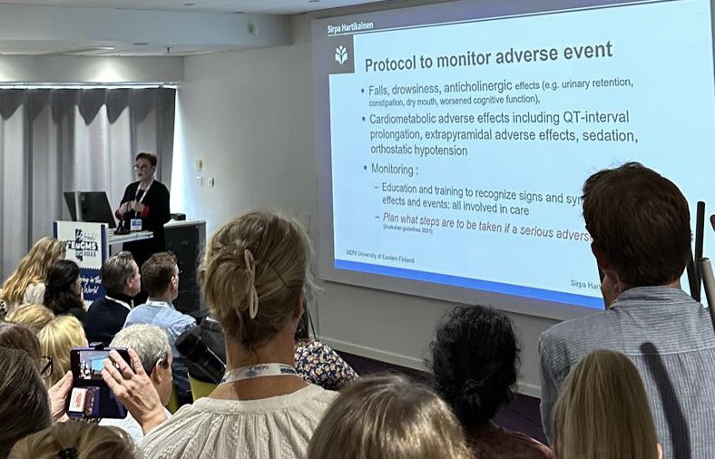 Prof Sirpa Hartikainen promoting the need for an adverse event monitoring protocol in those prescribed psychotropic medications - one of the recommendations in new Aus Clinical Guidelines <a href="/CentMedUseSafet/">CMUS</a>