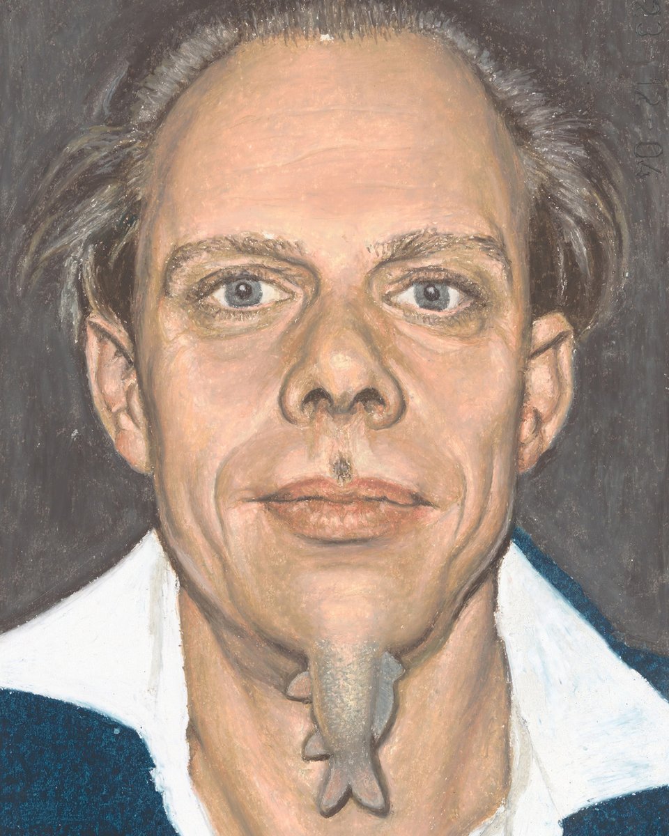 ‘Aan mijn kin bungelt een vis 
op de plek waar normaal de baard zit
alsof er onder de baard een anus
verscholen is of mijn hoofd.’

Bekijk het portret van F. Starik door Jans Muskee: literatuurmuseum.nl/nl/ontdek-en-b…