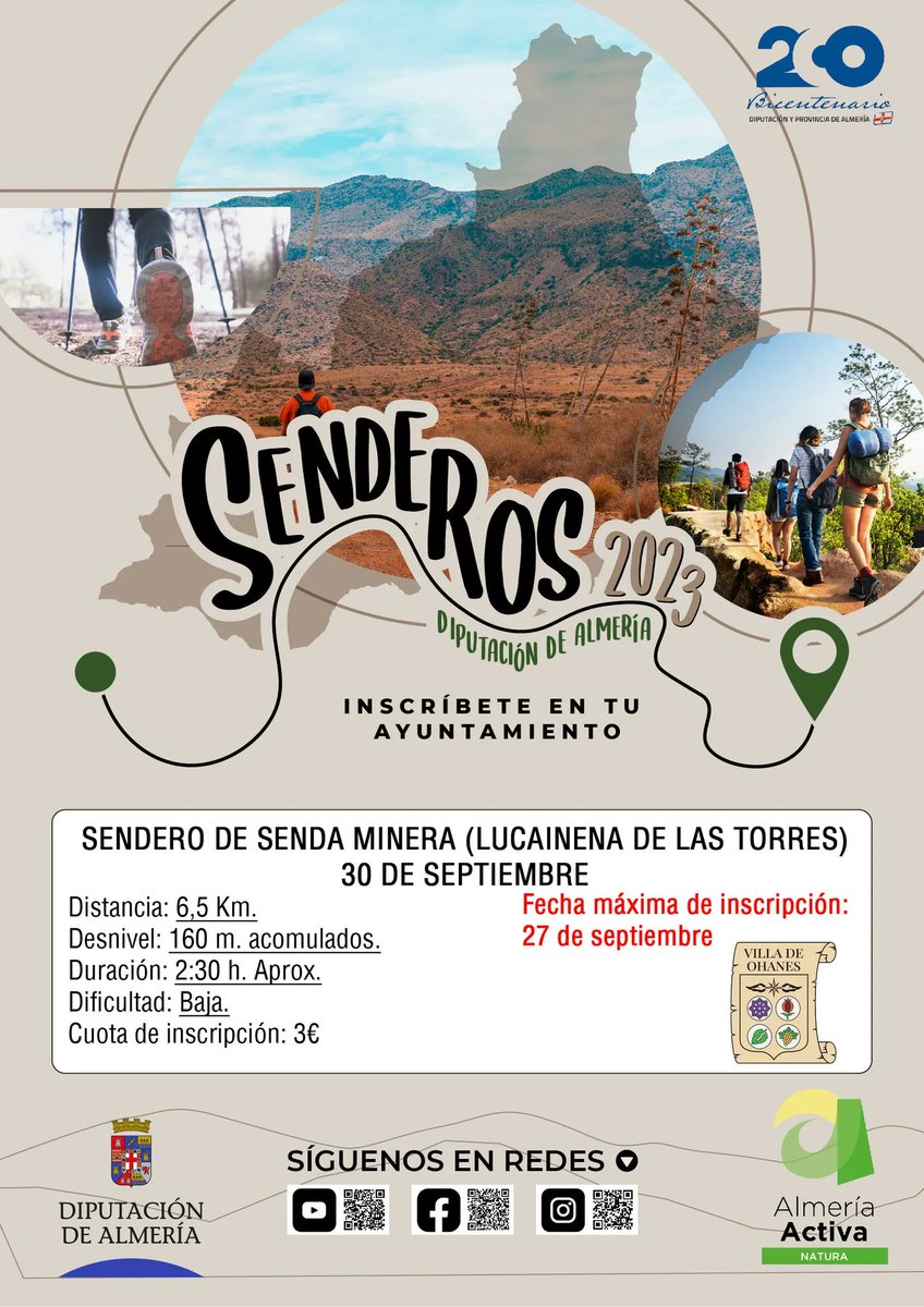 AytoDeOhanes's tweet photo. 🏞️ Senda Minera (Lucainena de las Torres), el Sábado, 30 de septiembre.
👉  Inscripciones en el Ayuntamiento.
📏 Distancia: 6'5 Km.
⌚ Duración: 3 h. Aprox.
🟢 Dificultad: Baja.
🚌 Transporte incluido.
📅 Último día de inscripción: 28 septiembre.
Más info: https://t.co/Gb3P0mSpfa https://t.co/Sy4jr8lSBf