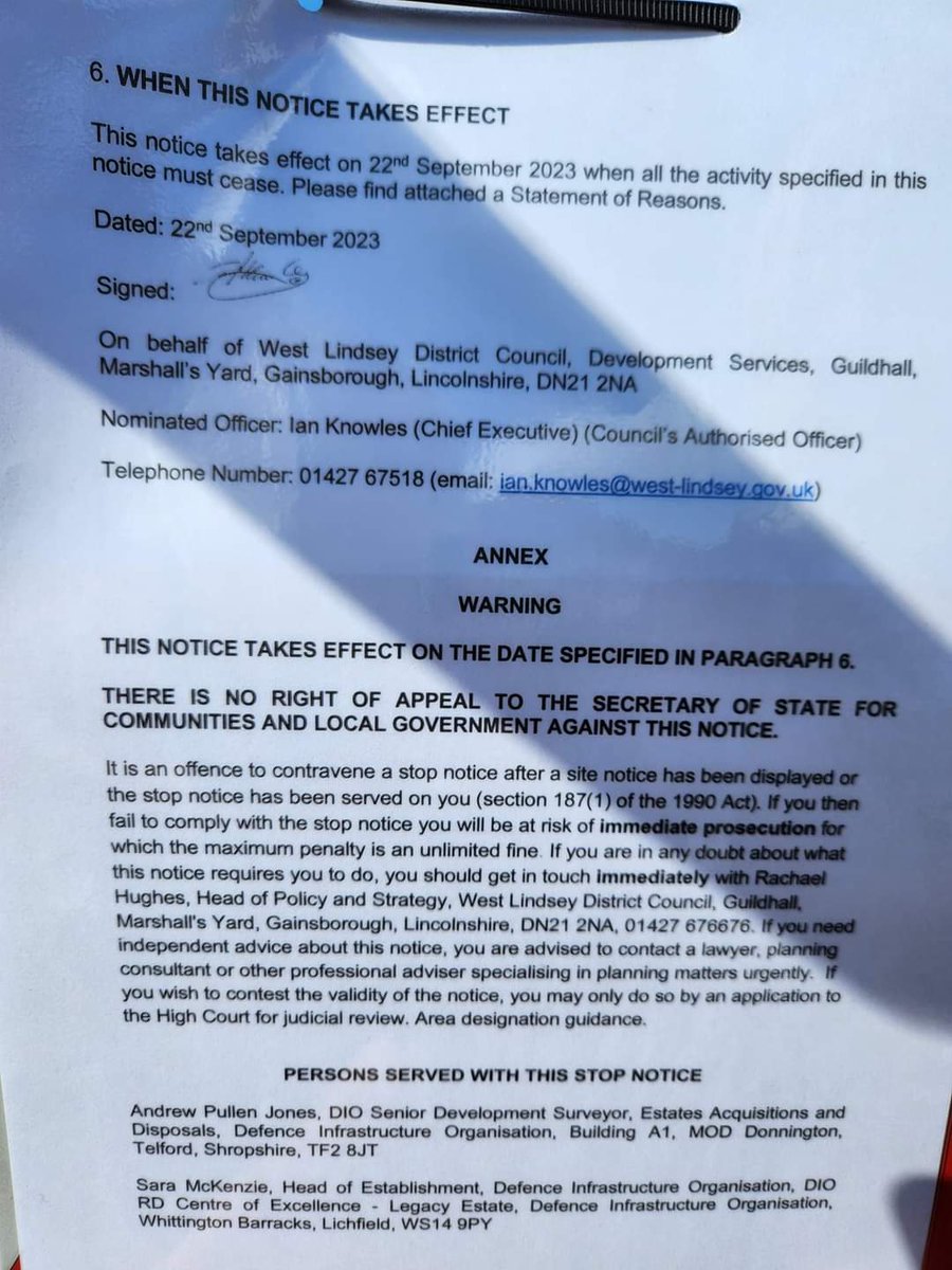 Fantastic news that <a href="/WestLindseyDC/">West Lindsey DC</a> have issued another stop notice to <a href="/ukhomeoffice/">Home Office</a> at RAF Scampton.
They'll carry on breaking the law as usual but their  day of reckoning is fast approaching.
When the law makers don't obey there own laws somethings wrong.