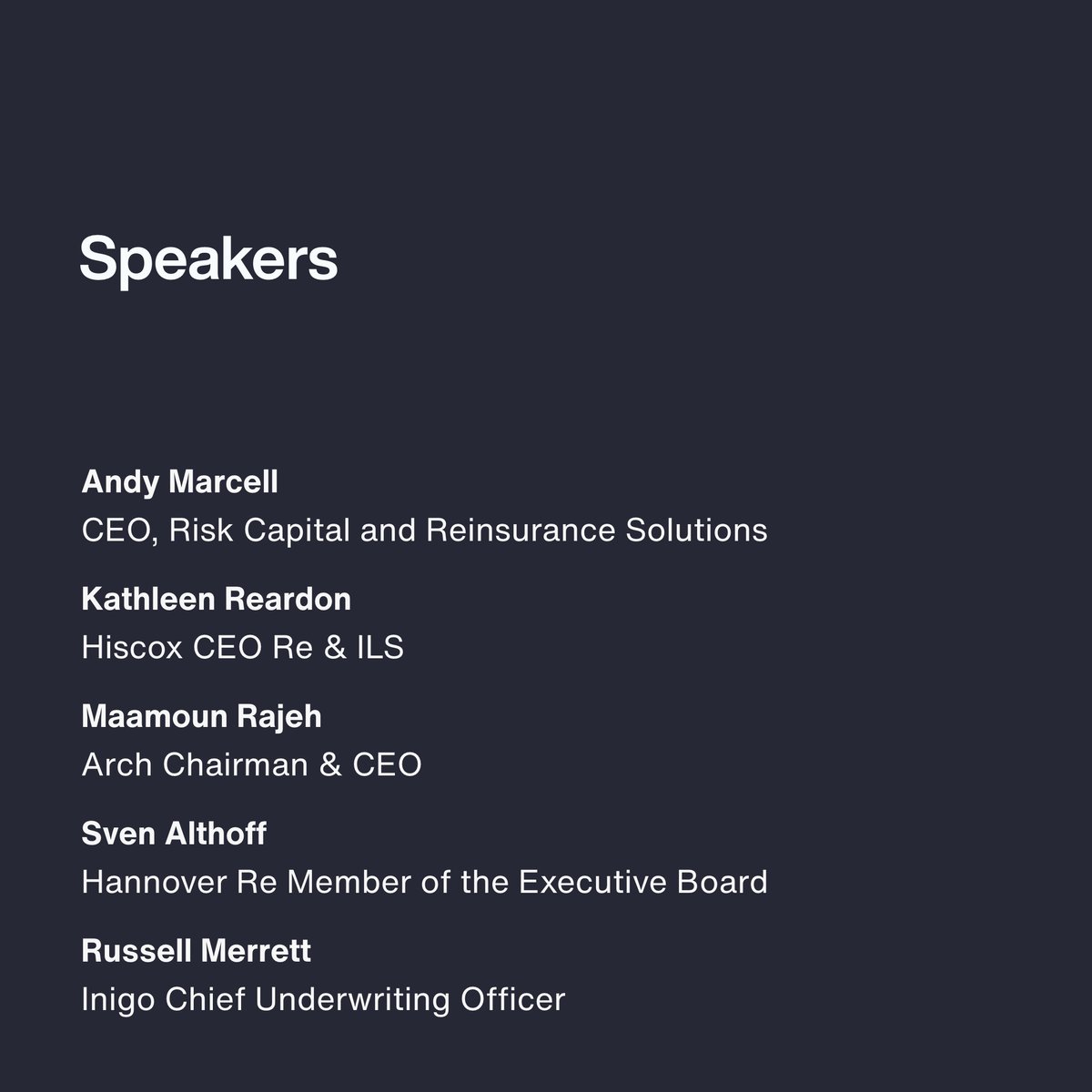 Missed out on the incredible insights of our reinsurer panel with Andy Marcell?

You can still watch the panel on our virtual platform here: event.on24.com/wcc/r/4317043/…

#RRS23