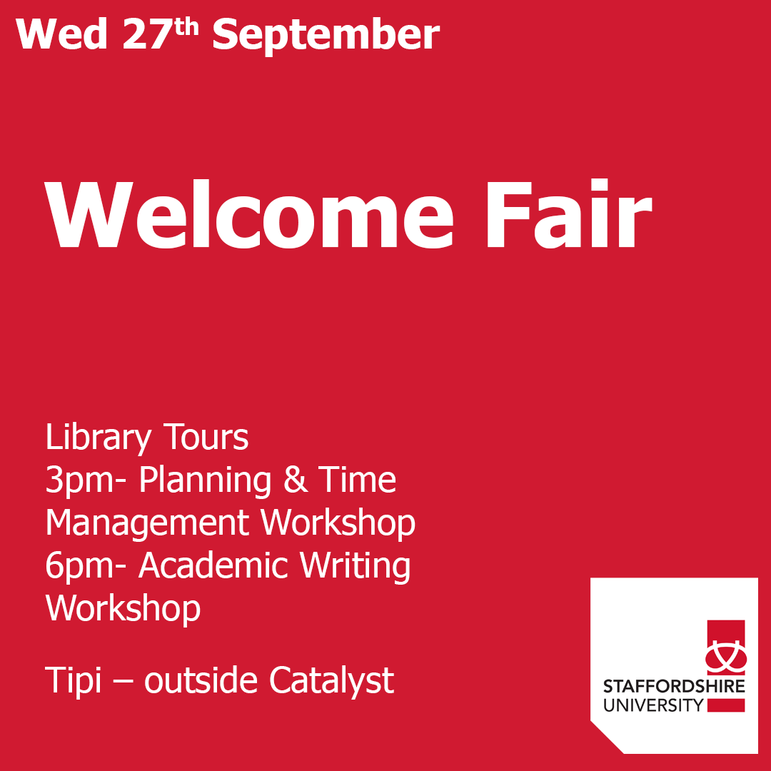 Welcome Week at Staffordshire University starts on Monday! 

Here is the schedule for some of our events 😊