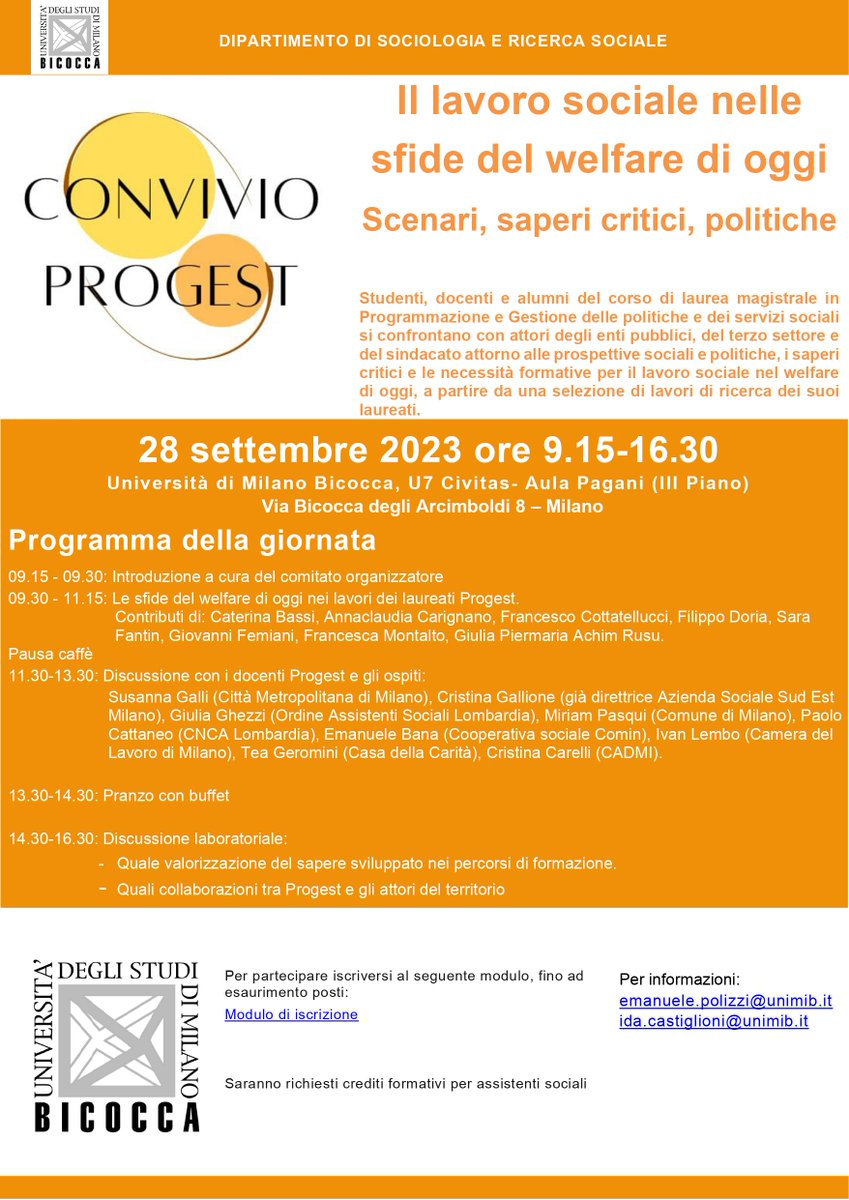 polema's tweet image. Il 28/9 studenti, docenti e alumni del corso di laurea magistrale in Programmazione e Gestione delle Politiche e dei Servizi sociali di Milano Bicocca si confronta sul lavoro sociale nel welfare di oggi, a partire da una selezione di lavori di ricerca dei suoi laureati.
