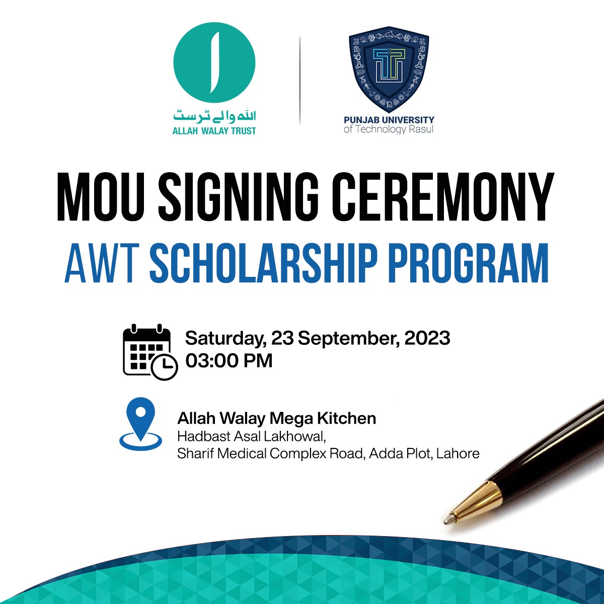 Allah Walay #Trust and #Punjab University of #Technology Rasul, Mandi Bahauddin are going to sign a #Memorandum of Understanding about the #Scholarship Program on Saturday, #September 23, 2023. 
#AllahWalayTrust #ScholarshipProgram #PUTR #PromotingEducation #EducationForAll