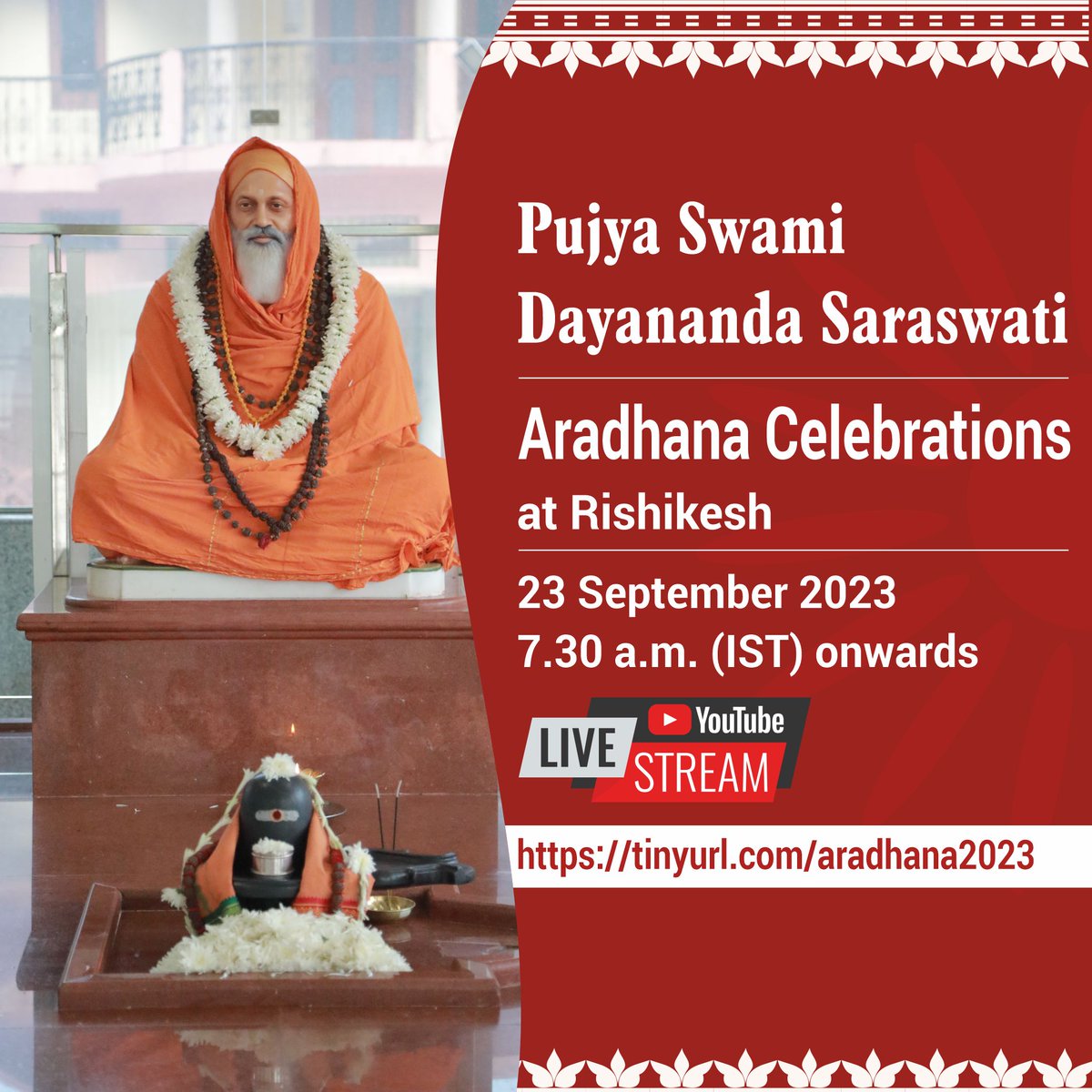 avrandpt's tweet photo. We pay homage and tribute to our beloved Guru, Pujya Swami Dayananda Saraswati, on the occasion of His Aradhana. Join us for the celebrations at Swami Dayananda Ashram, Rishikesh.

23 September (Saturday) at 7.30 am (IST) 
Watch the event live on YouTube: https://t.co/sndhyozArn https://t.co/4Z6jC10wle