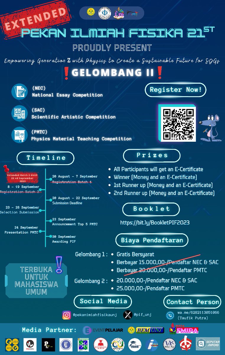 pif_unj's tweet photo. ⚡[‼️PERPANJANGAN PENDAFTARAN GELOMBANG 2 ‼️] ⚡️

Assalamu'alaikum Warahmatullahi Wabarakatuh, hallo everyone🙌

‼️ OPEN REGISTRATION ‼️

🗒️ Pembukaan Pendaftaran Lomba 🗒️

📍 Gelombang 2 📍
NEC, SAC, dan PMTC https://t.co/u7RFCwvfMP