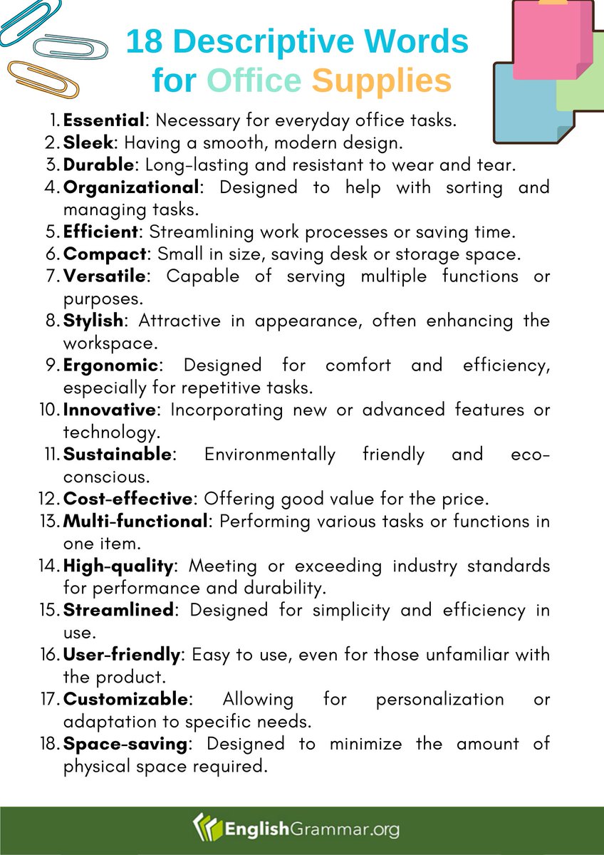 GrammarUpdates's tweet image. 18 Descriptive Words for Office Supplies
#Vocabulary #writingtips