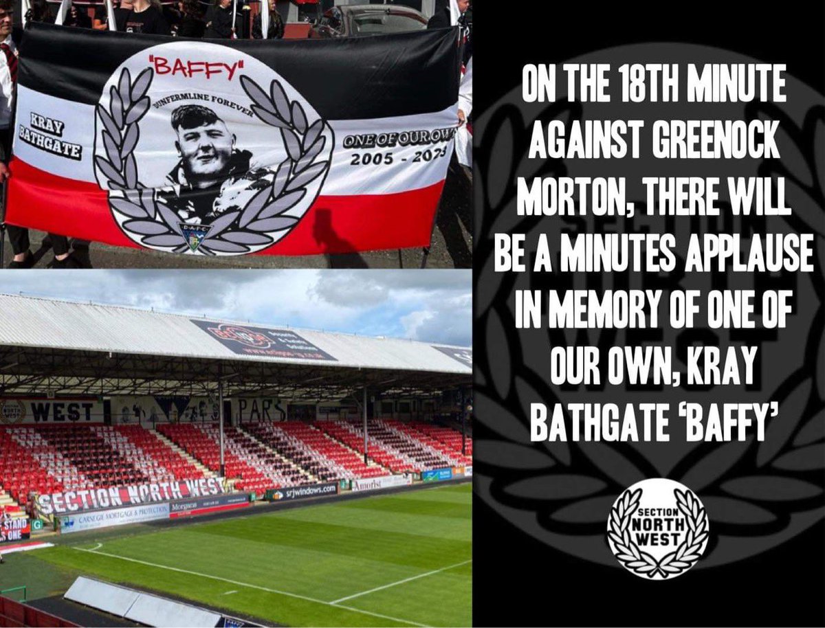 SECTION_NW's tweet photo. Minute applause - 18th minute in memory of Kray Bathgate. 

We ask all to stand if possible to give Kray one final send off. 

‘Forever Dunfermline’ https://t.co/T7AzwGMZLD