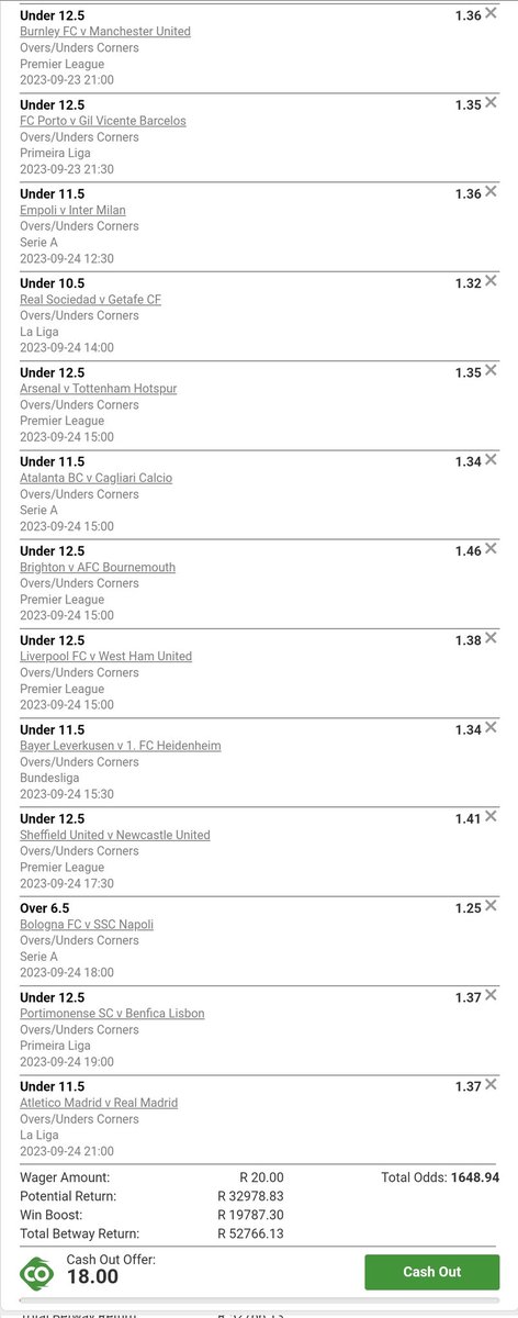 ⚠️ Corners For The Weekend⚠️📢 

Let's test again this market‼️

Kick off: 20:30 (Saturday)
Code: X58010F7F
Odds: +1600
Legs: 24
Winning Chance: 90%

Retweet 🔁