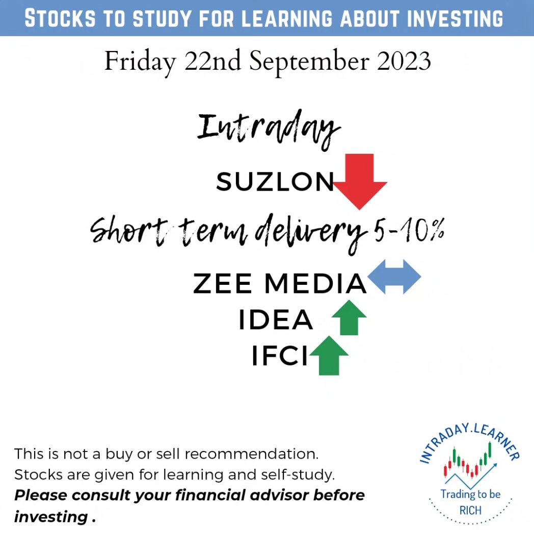 Stock to study on 25th Sep23

by <a href="/LearnerIntraday/">Intraday.Learner</a>

#navimumbai
#intradaytrading #zeebusiness
#StockMarketindia #sharemarketindia #sensex #GIFTNIFTY #nifty50 #NiftyBank #dalalstreet #zerodha  #trading #trending #bhfyp  #indianstocks #indianstockexchange #StockMarket