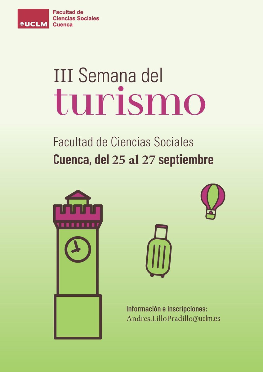 TurismoUclm's tweet photo. III Edición de la Semana del Turismo de la UCLM con conferencias sobre el arte de ser guía turístico, sostenibilidad turistica, business intelligence en turismo. Termina con visita teatralizada. Todo gratuito. Más info e inscripciones: Andres.LilloPradillo@uclm.es #uclmers https://t.co/QC0YVi7sKJ