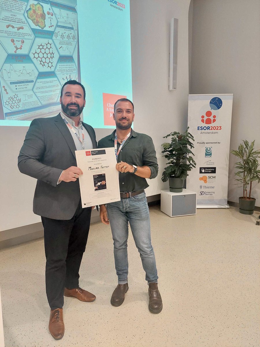 Maxime Ferrer (<a href="/MaximeFERRER7/">Maxime FERRER</a>) from <a href="/UAM_Madrid/">UAM Autónoma Madrid</a> was awarded the <a href="/ESOR2023/">ESOR2023 (inactive)</a> poster prize sponsored by <a href="/ChemEurJ/">ChemEurJ: Chemistry - A European Journal</a>! Amazing job! <a href="/ChemEurope/">Chemistry Europe</a>