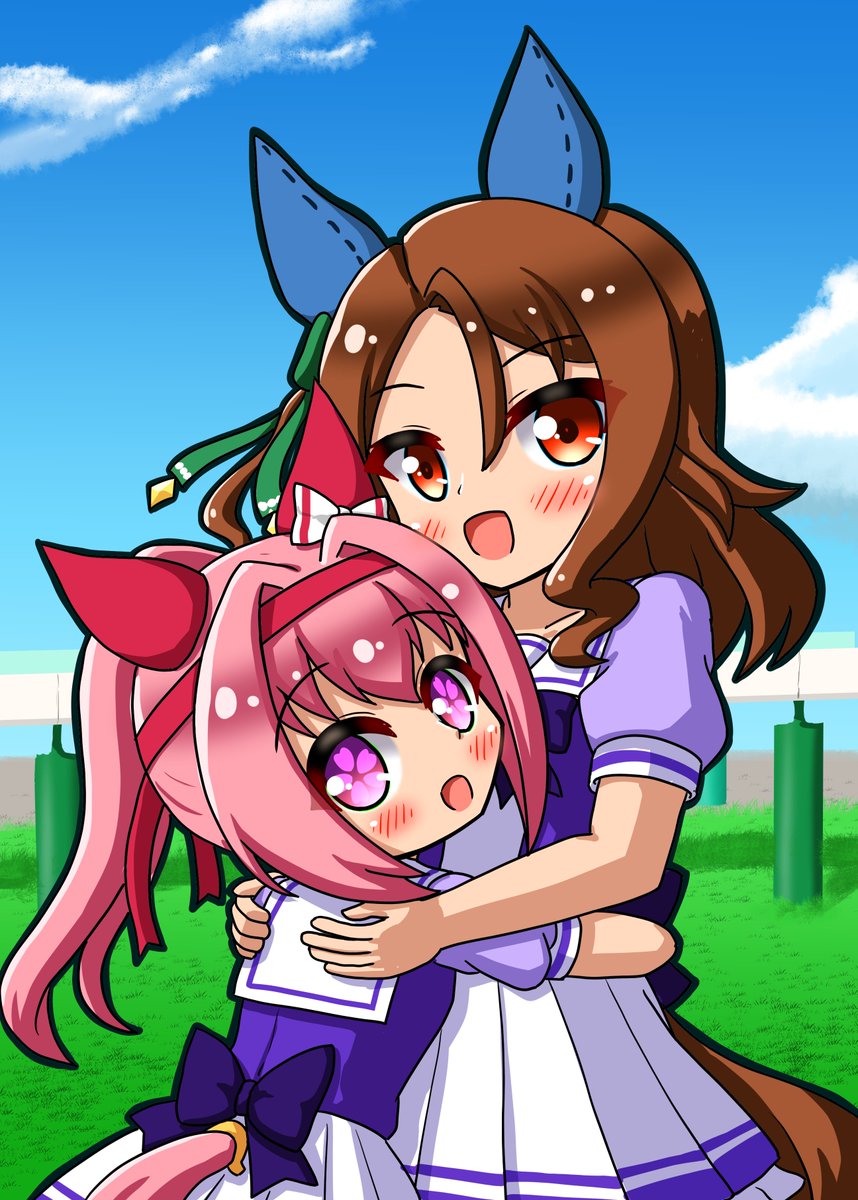 tatitutetoki's tweet photo. たまには通常頭身が描きたい！というわけでお互い抱き合い風なキンウラです！
#キングヘイロー #ハルウララ https://t.co/81LQ5P0B0f