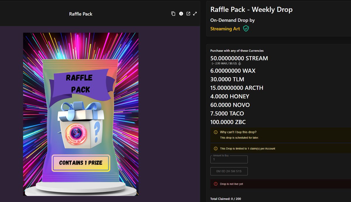Happy Friday, #WAXFAM ! 🎉

The countdown begins! ⏰ In just 2 hours the best Raffle on <a href="/WAX_io/">WAX</a> is adding 200 more Raffle Packs for the communities to grab and try their luck!

We've pumped up the prize pool with amazing NFTs and Stream Tokens NFTs, ensuring value for all