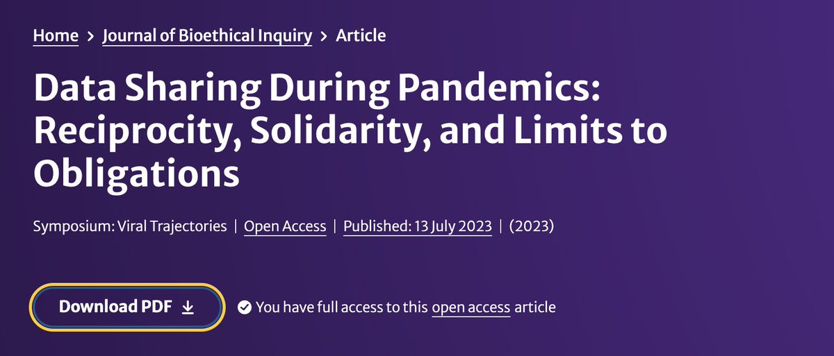Data sharing during pandemics is commonly justifed by appeals to solidarity.... Instead, LMICS should be guided by the principle of reciprocity, which states that we ought to return good for good received. link.springer.com/article/10.100…