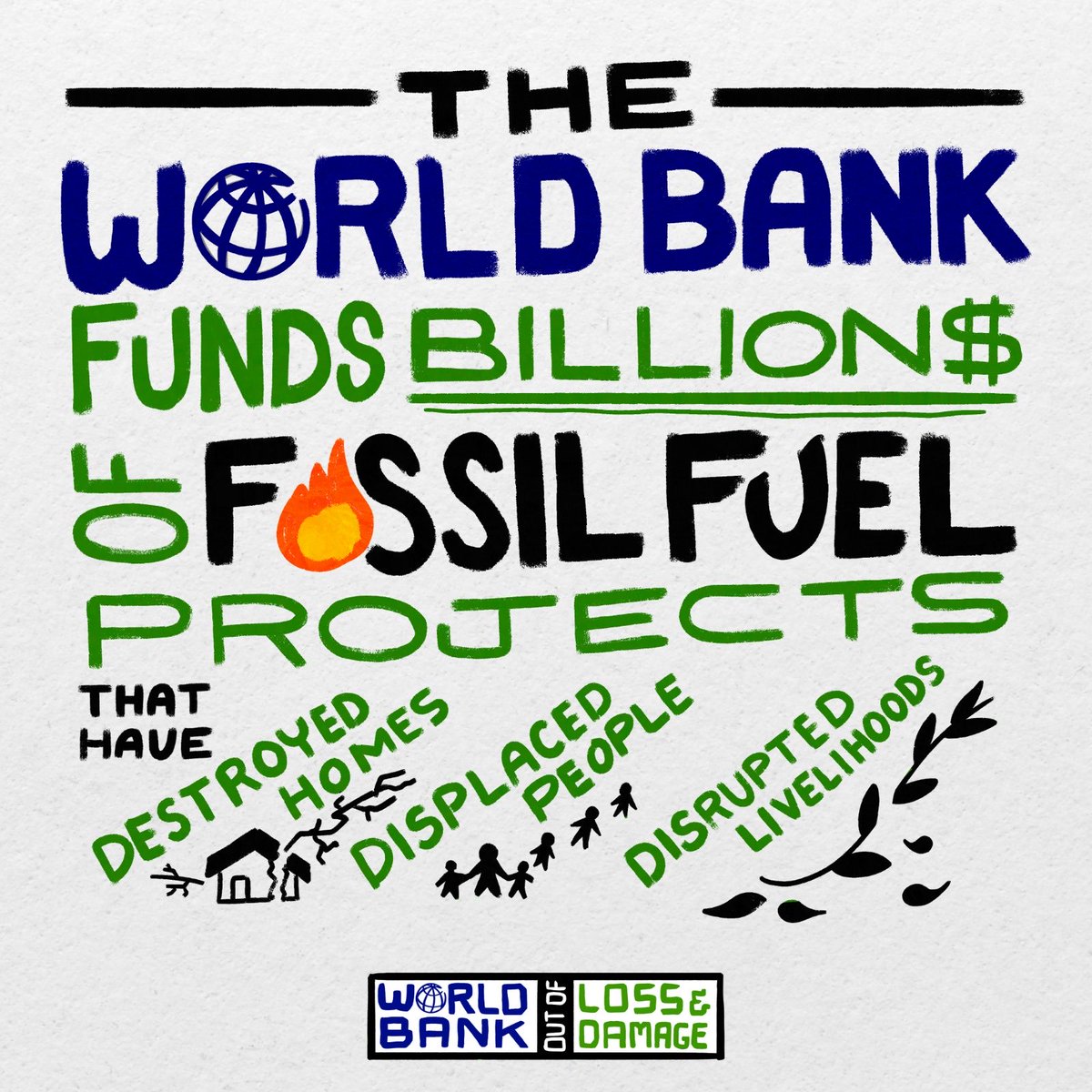 The US says that the World Bank should control the #LossAndDamageFund. 

WE SAY NO! 🚫 The WB:
👉 funds fossil fuel projects
👉 plunges nations into debt
👉 limits people's participation

A WB-led LDF will mean more GHG emissions, poverty, & people's exclusion.

#WBOutOfLDF!