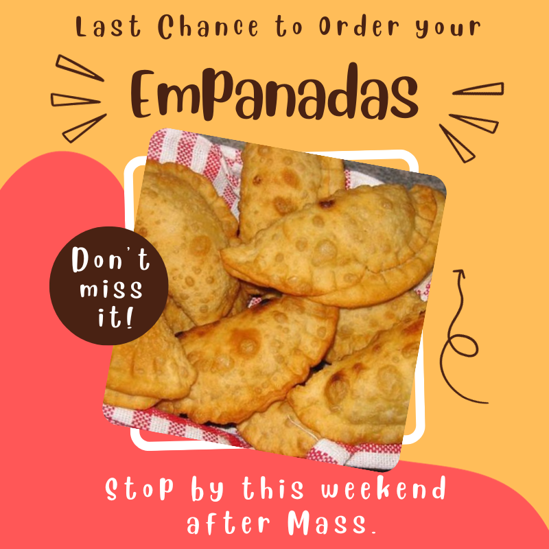 This weekend is your last chance to preorder your chicken or beef Empanadas.  Stop by our table after Mass. Just $2 each. Pick up will be next Sunday ONLY, October 1st.
#reachwide #empanadas #Hispanicministry #oviedocatholic