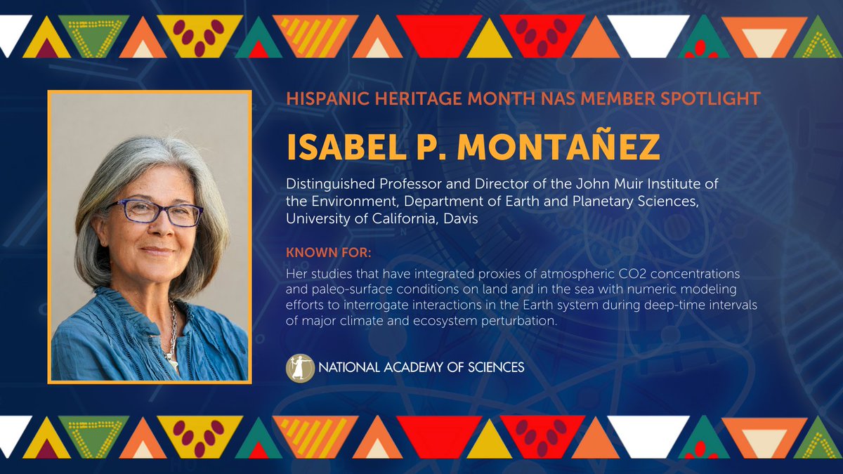 Our first #NASmember spotlight for #HispanicHeritageMonth is Isabel Montañez, a sedimentary geochemist and paleoclimatologist known for her work to reconstruct past climates on Earth.🌎

Read more about her interdisciplinary approach to #ClimateScience: ow.ly/M0Bg50POrWE