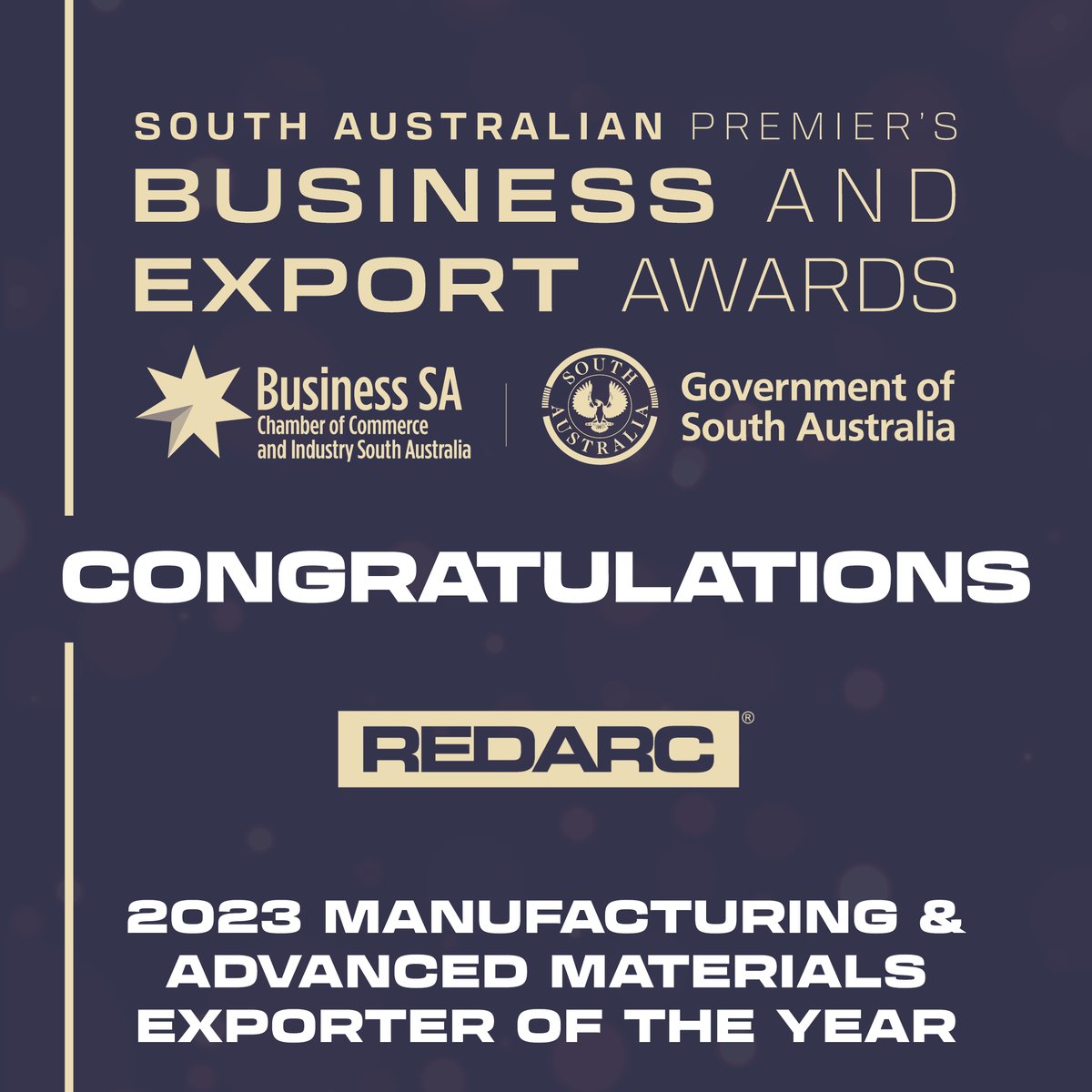 South Australian Premier’s Business and Export Awards, Manufacturing and Advanced Materials Export Award, goes to REDARC Electronics🏆 

#SAPremiersBusinessandExportAwards #BusinessSA