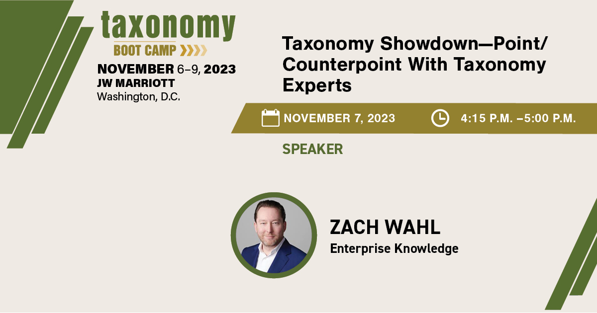 TaxonomyBC's tweet photo. Find out more about Taxonomy Showdown from #TaxoBC speaker @ZacharyWahl, @EKConsulting. Register today and save up to $200 with Early-Bird Rates! https://t.co/5Su2MJ2Mp4 https://t.co/5SuBp0R2hy