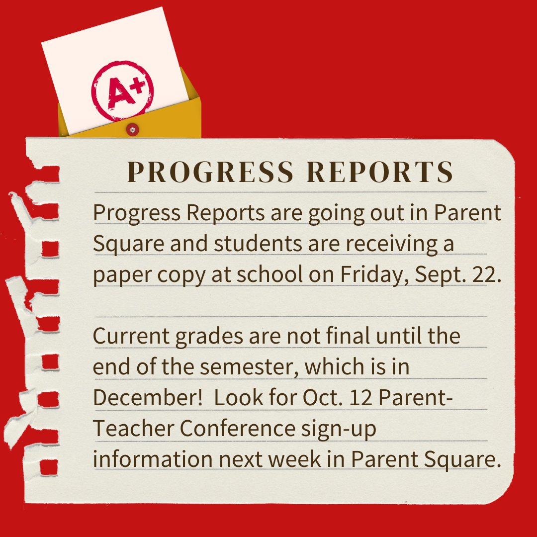 Progress Reports are going out in Parent Square and students are receiving a paper copy at school on Fri, Sept. 22. Current grades are not final until December!  Look for Oct. 12 Parent-Teacher Conference sign-up information next week in Parent Square.  @rhsreddevils <a href="/werrichmond/">RCS</a>