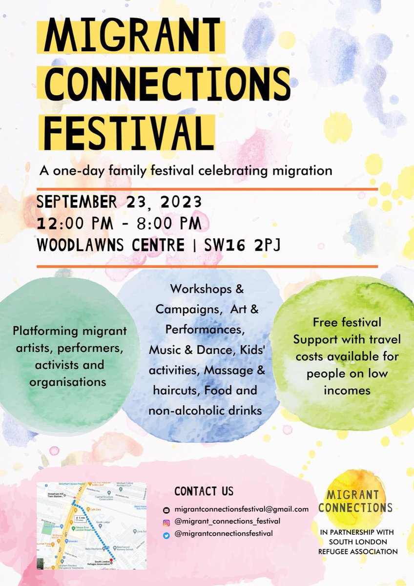 🙌🏽Tomorrow🙌🏽 Join us to celebrate, to stand in solidarity with each other and to connect at the Migrant Connections Festival. We are so excited 📍Woodlawns center, SW16 2PJ ⌚️ 12 pm to 8pm Spread the word 📣