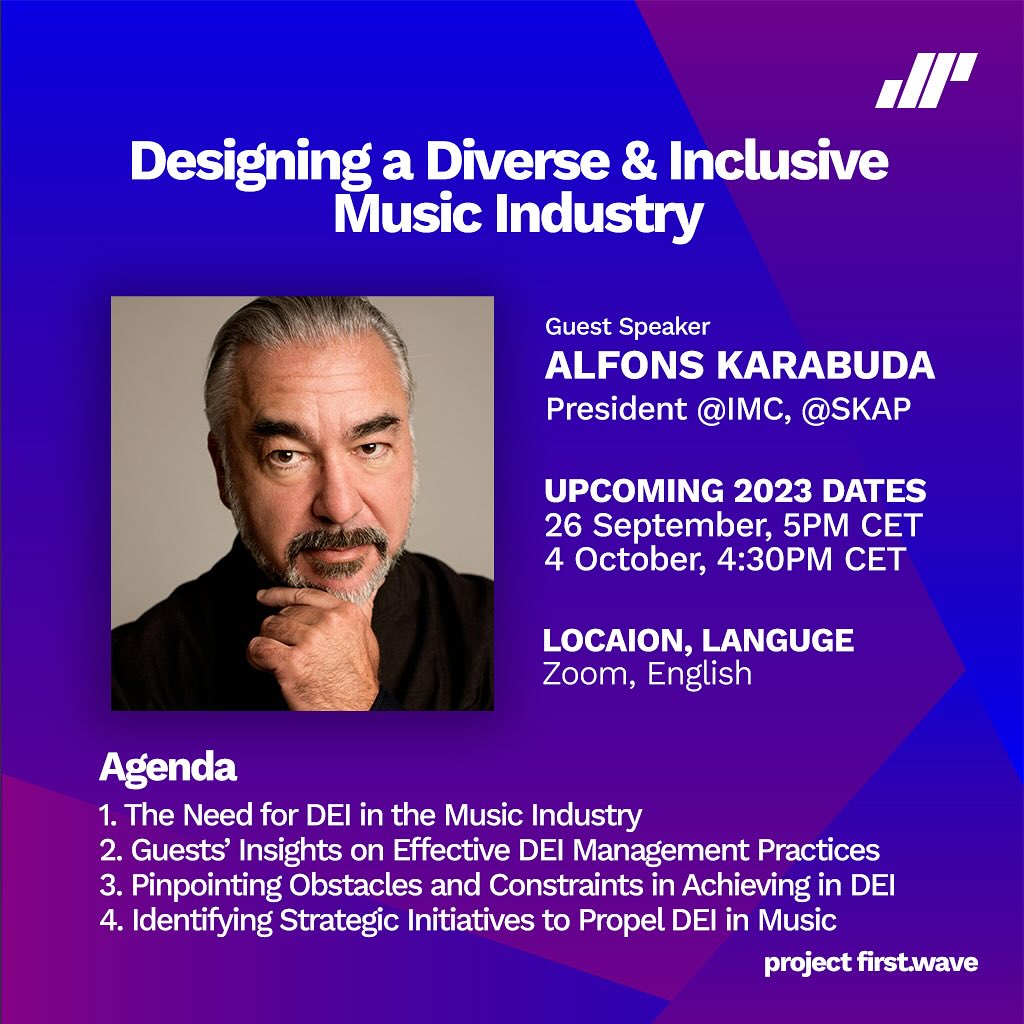 Join the conversation on Designing a Diverse and Inclusive Music Industry with me and Margaret McGuffin on September 26th at 5 p.m. CET on Zoom.

 Join via this link:

first-wave.eu/events

@ project first.wave @IMC_Network @SKAPNEWS 
#FiveMusicRights