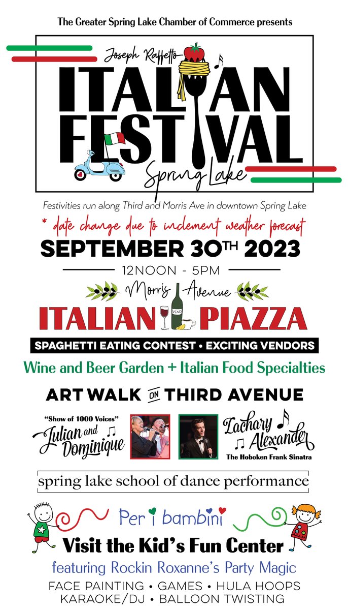 SpringlakeOrg's tweet image. Spring Lake's Downtown Italian Festival has been rescheduled to September 30, 2023. All the info: springlake.org