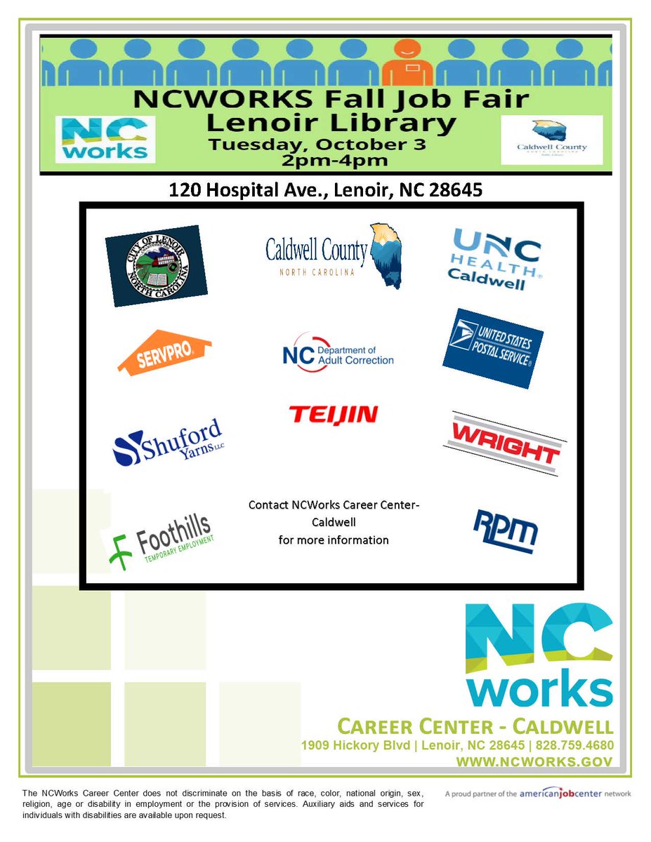 JOB FAIR!!! There will be multiple employers with some great employment opportunities available at a job fair on October 3rd from 2-4pm. Sponsored by NCWorks and Caldwell County Government. Contact NCWorks Career Center Caldwell for more information 828-759-4680