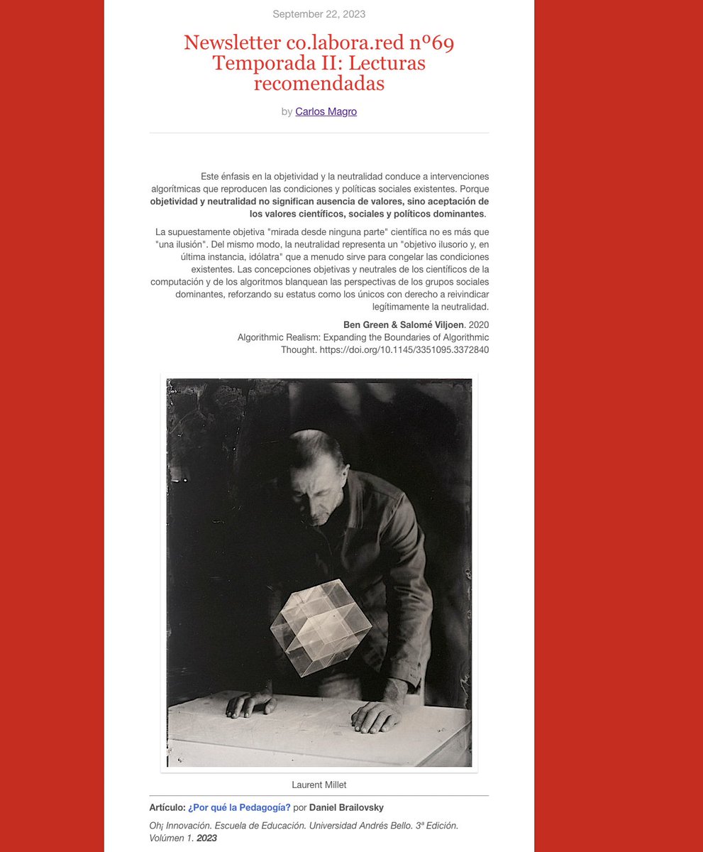 Carlos Magro (@c_magro) on Twitter photo Por aquí os dejo la #newsletter de esta semana con artículos de <a href="/dbrailovsky/">Daniel Brailovsky</a> (pedagogía) <a href="/rominacachia/">Romina Cachia</a> (tecnologías emergentes) <a href="/pabloriverabcn/">Pablo Rivera</a> (móviles y escuela) <a href="/melifurman/">Melina Furman</a> (metacognición) <a href="/alafuente/">A Lafuente</a> (laboratorios ciudadanos)
Cita de <a href="/benzevgreen/">Ben Green</a> 👇
tinyletter.com/carlosmagro/le… Por aquí os dejo la #newsletter de esta semana con artículos de <a href="/dbrailovsky/">Daniel Brailovsky</a> (pedagogía) <a href="/rominacachia/">Romina Cachia</a> (tecnologías emergentes) <a href="/pabloriverabcn/">Pablo Rivera</a> (móviles y escuela) <a href="/melifurman/">Melina Furman</a> (metacognición) <a href="/alafuente/">A Lafuente</a> (laboratorios ciudadanos)
Cita de <a href="/benzevgreen/">Ben Green</a> 👇
tinyletter.com/carlosmagro/le…