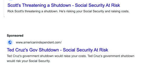 NEW:<a href="/dscc/">Senate Democrats</a> launching advertising campaign highlighting how Scott &amp; Cruz's government shutdown would threaten Social Security and raise costs.  

-> ads will reach voters searching for information about a shutdown and its impacts

more here: dscc.org/news/new-dscc-… #FLSEN #TXSEN