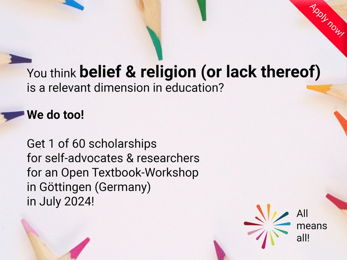 allmeansall_edu's tweet photo. Apply now for 1 of 60 scholarships for @Erasmus_Project close to Göttingen (Germany) in 06-2024!
https://t.co/YunNTZisKo

More:
https://t.co/UoH1QoNA5W

Deadline: 1.12.23

1 #OpenTextbook for initial teacher training! 133 self-advocates/researchers! 12 dimensions of diversity!
Please RT or tag!
