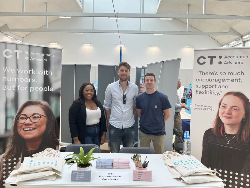 A smashing-looking CT stand at the #Careers &amp; #Internship Marketplace 2023 at <a href="/UofGCareers/">UofG Careers</a> in #Glasgow this week, manned by our brilliant team of Panashe Samushonga, Thomas Walton ACCA and Seamus Carrigy. Lots of chats about what we do (and our chocolate!).