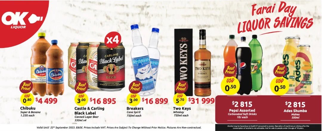 OKZimbabwe's tweet photo. It's the end of the working week! Head over to the nearest OK Stores. Enjoy a chilled weekend with the best liquor buys from OK Stores. #OKStores #Myhappyplace #FaraiDay #LiquorSavings https://t.co/k2TXUOjS5W