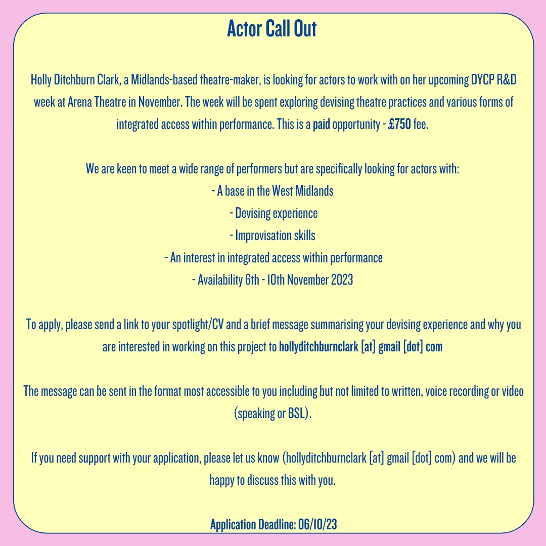 *ACTOR CALL OUT FOR UPCOMING R&amp;D*

I am really excited to be supporting <a href="/hollydclark/">Holly Clark</a> throughout her DYCP and we are looking for actors to join us in the room for a week of exploration and discovery! 

Any questions, feel free to DM me or email us! x