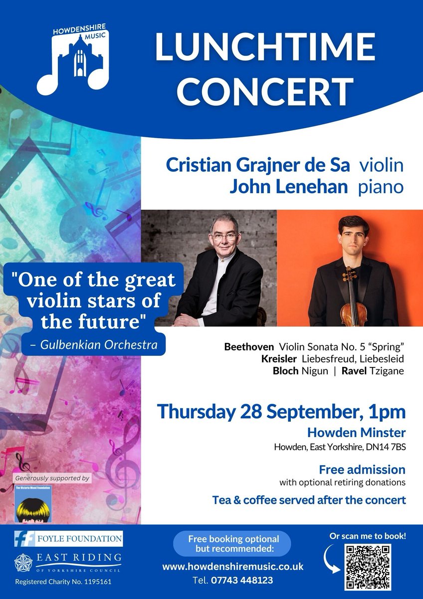 HowdenshireMus's tweet image. Our next free lunchtime concert on Thursday 28 September, 1pm at Howden Minster.

Star violinist Cristian Grajner de Sa will be joined by renowned pianist John Lenehan -  Beethoven’s joyful ‘Spring’ Sonata and masterpieces by Ravel and Kreisler.

ticketsource.co.uk/howdenshiremus…