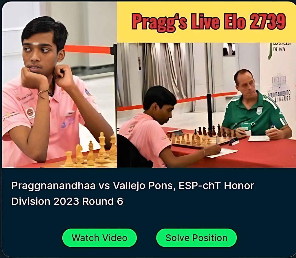 ChessBase India on X: Praggnanandhaa's live rating is now 2739 after his  win against GM Vallejo Pons in the 6th round of Spanish League 2023! Solve  some very instructive positions from the