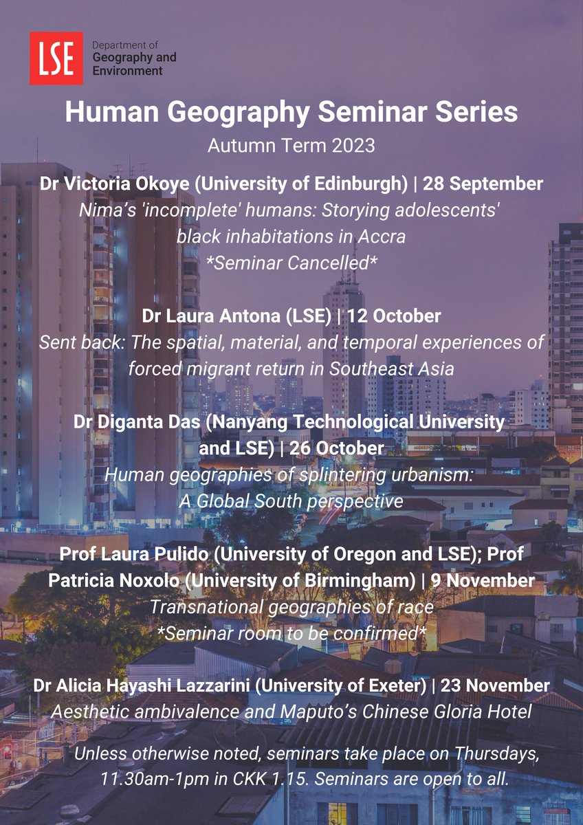 📣 Delighted to announce our Human Geography Seminar Series Autumn Term lineup!

🔴 zurl.co/azO6