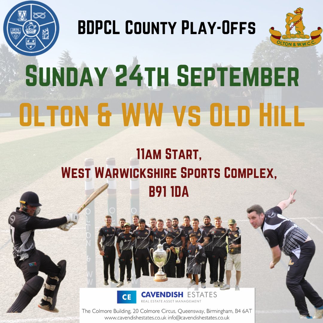 oltonwwcricket's tweet image. Join us on Sunday @WestWarwicks  to support our first team in their final @BDPCL_Official Playoff game vs @oldhillcricket 

Gates open 9am, Play starts at 11am
Bar open from 10am; breakfast baps &amp;amp; food served until 8pm. Free parking on site , All guests welcome 

#owwcc #bdpcl