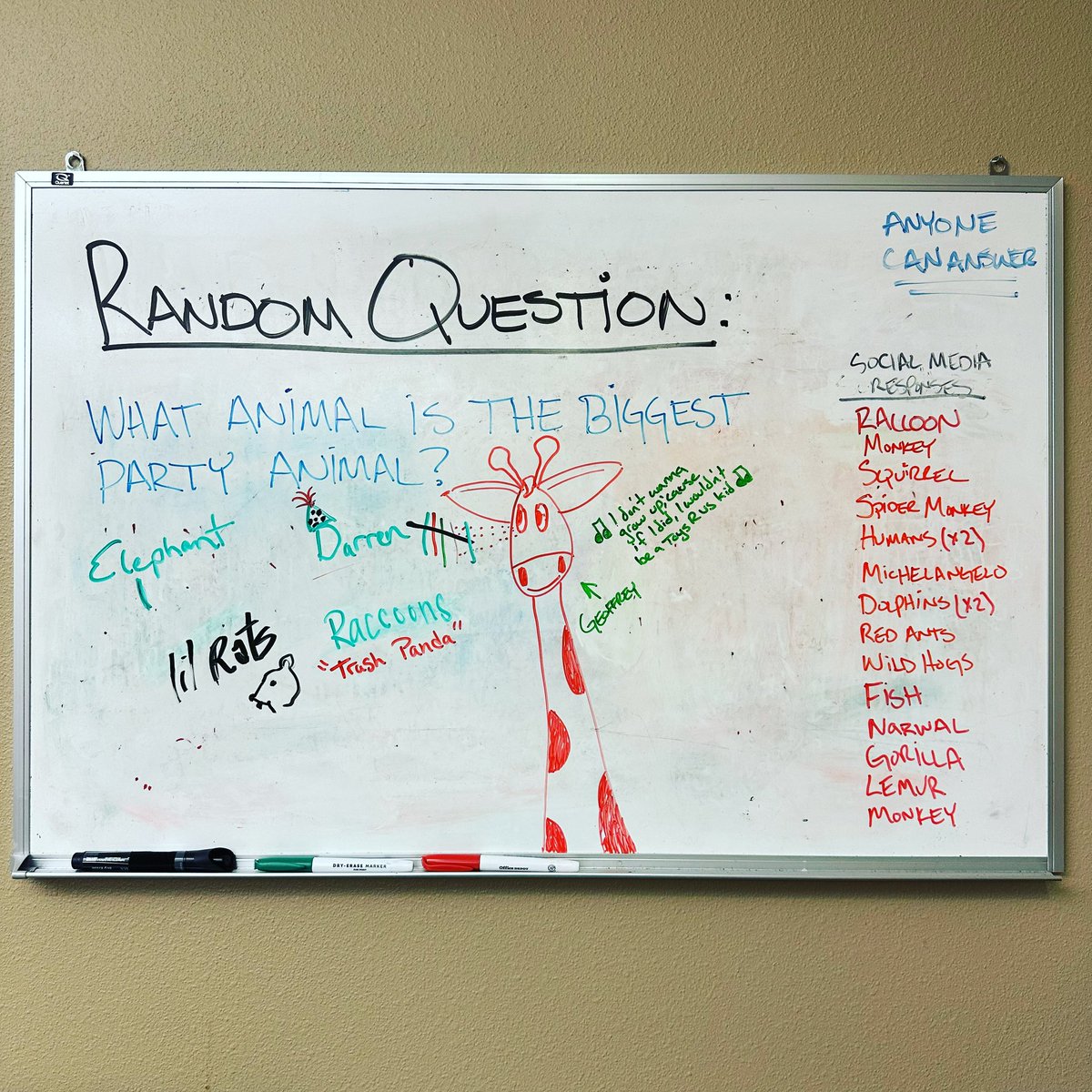 Bernt Eidsmoe (@fmwfbernt) on Twitter photo Random Question Answers: What is the biggest party animal?
The responses were a lot of fun! Here, at The Chamber, the most common response was our very own <a href="/FMWFDarren/">Darren Dunlop</a>!
A special shoutout to the anonymous giraffe artist.
#randomquestion #chambercrew <a href="/FMWFChamber/">FMWF Chamber</a> Random Question Answers: What is the biggest party animal?
The responses were a lot of fun! Here, at The Chamber, the most common response was our very own <a href="/FMWFDarren/">Darren Dunlop</a>!
A special shoutout to the anonymous giraffe artist.
#randomquestion #chambercrew <a href="/FMWFChamber/">FMWF Chamber</a>