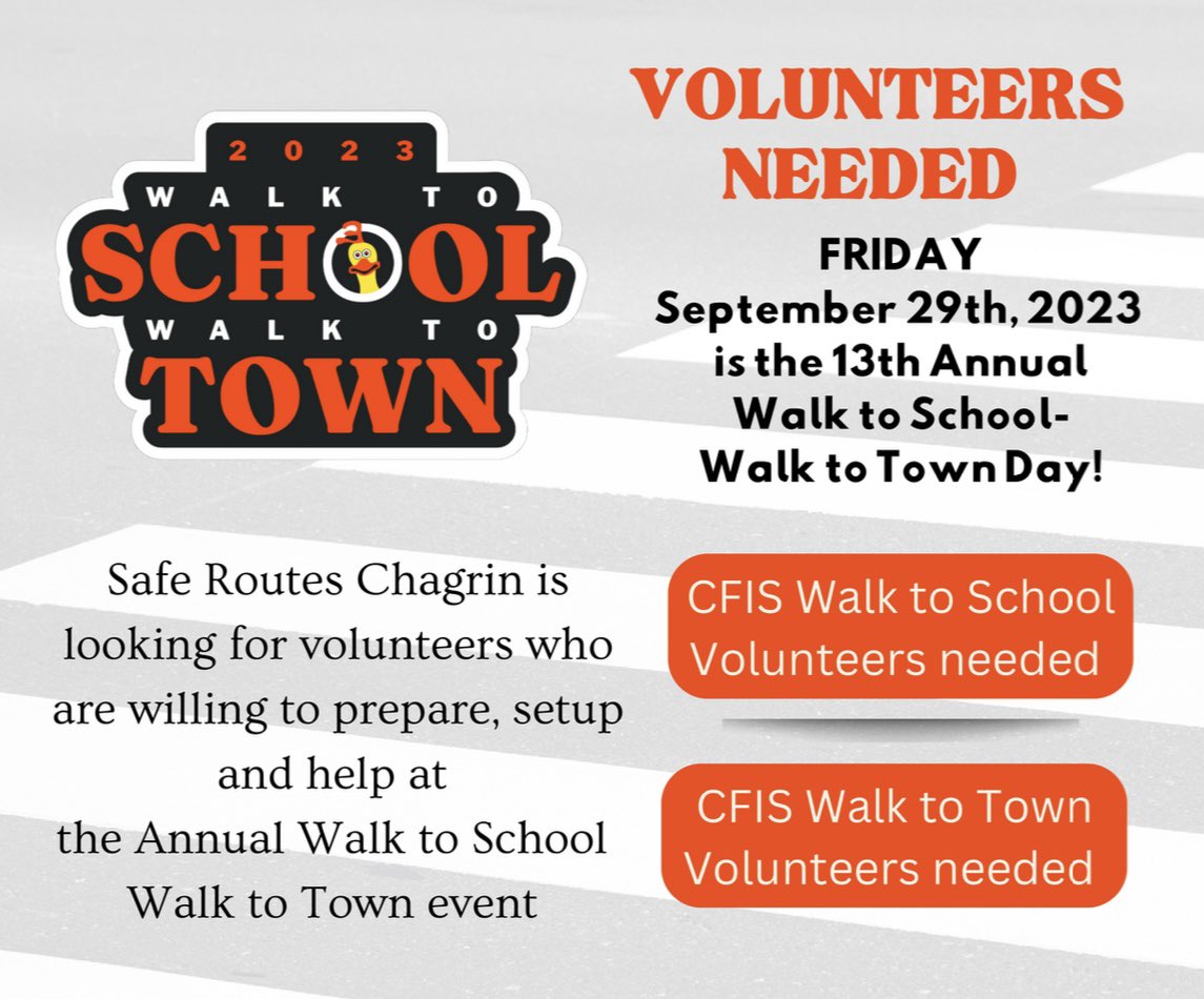 jaclyndrum's tweet photo. Walk to School / Walk to Town is 1️⃣ week away!

Parents - this is a great way to join in the fun with your kid.  Sign up today.

CFIS Walk to School Sign Up:

https://t.co/2Y5lgvMU8O

CFIS Walk to Town Sign Up:

https://t.co/qJdMaihiuV https://t.co/2iejpmk6g1