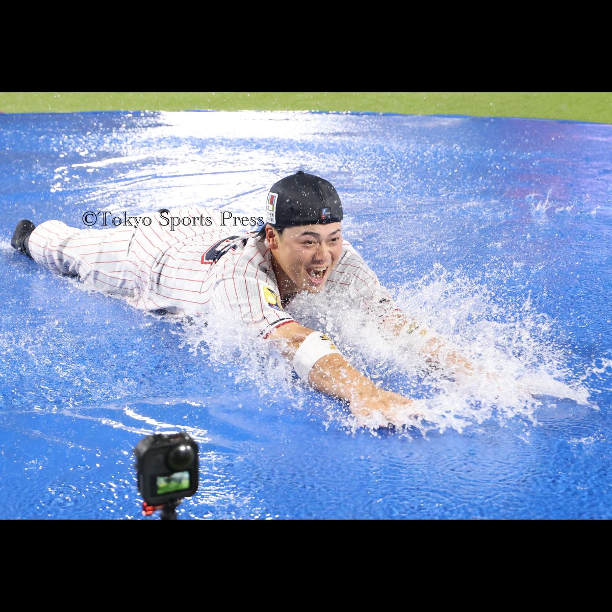 tospophoto's tweet photo. 【プロ野球】2023年9月22日（神宮球場）#ヤクルトスワローズ❎阪神
#swallows #npb #東スポ　
雨天中止決定後、ヤクルトナインも負けじと #丸山和都　が勢いよく人工芝までヘッドスライディング https://t.co/hQgiZUTgpH